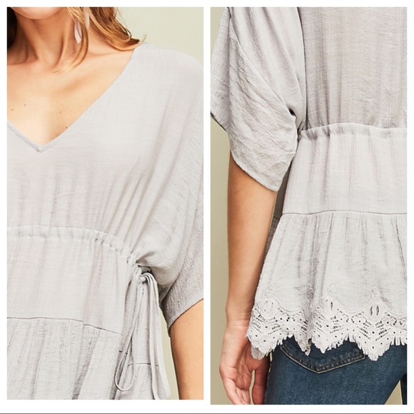 RASHIDA-Drawstring Waist Crochet Lace Hem Top - Picture 2 of 4